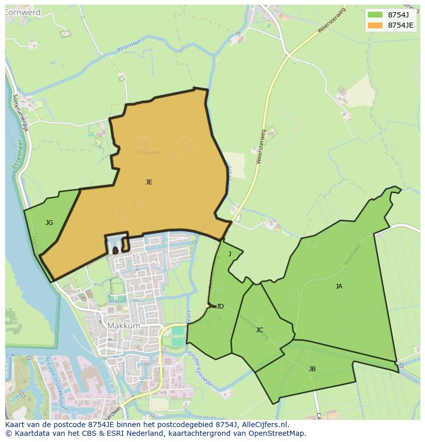 Afbeelding van het postcodegebied 8754 JE op de kaart.
