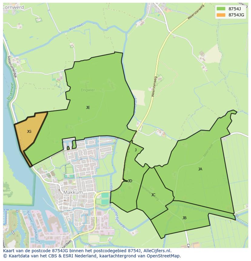 Afbeelding van het postcodegebied 8754 JG op de kaart.