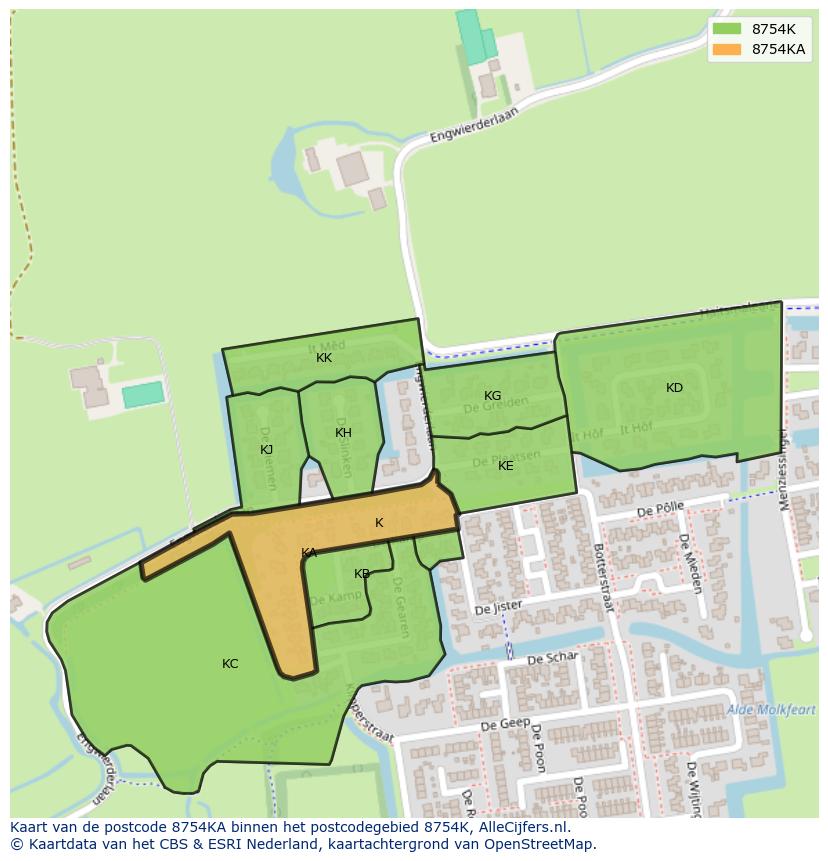 Afbeelding van het postcodegebied 8754 KA op de kaart.