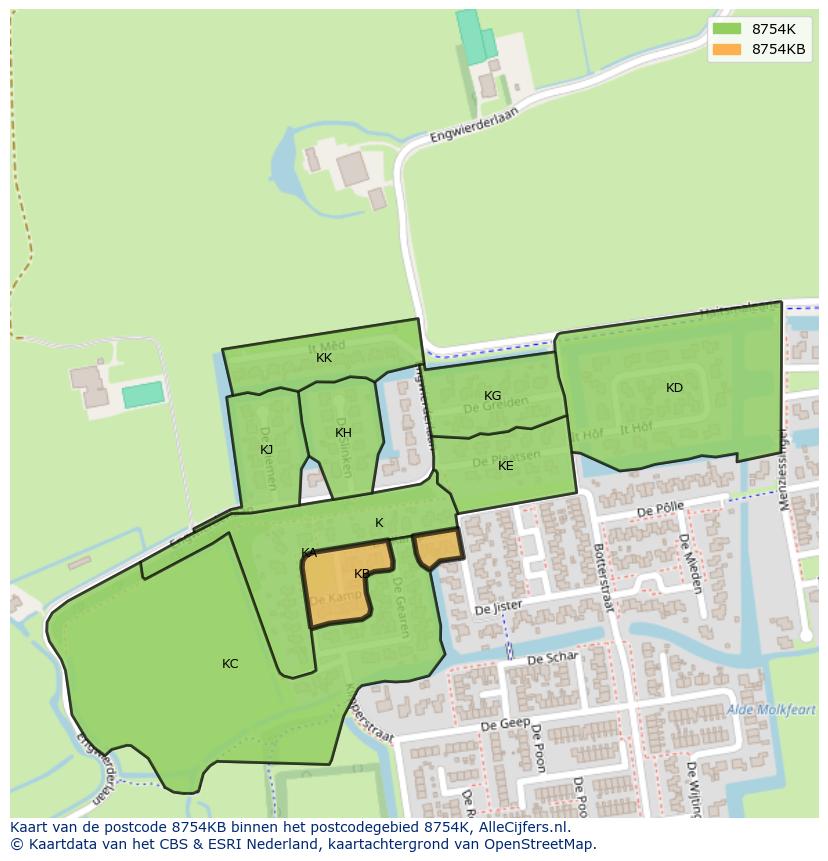 Afbeelding van het postcodegebied 8754 KB op de kaart.