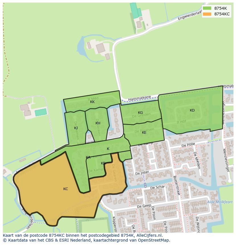 Afbeelding van het postcodegebied 8754 KC op de kaart.