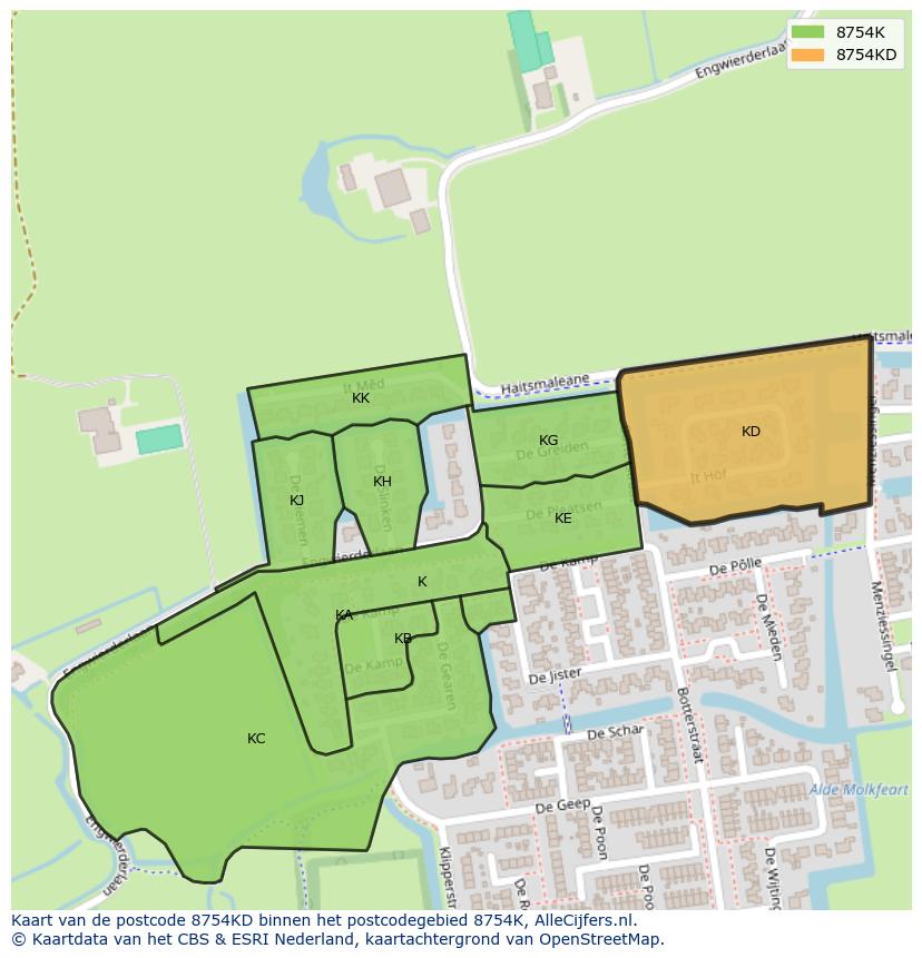Afbeelding van het postcodegebied 8754 KD op de kaart.