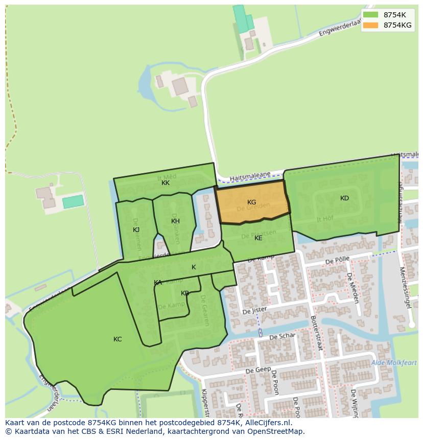 Afbeelding van het postcodegebied 8754 KG op de kaart.