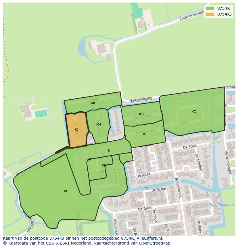 Afbeelding van het postcodegebied 8754 KJ op de kaart.