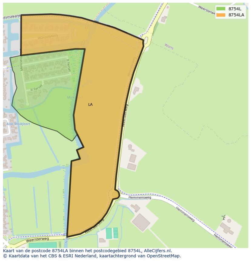 Afbeelding van het postcodegebied 8754 LA op de kaart.