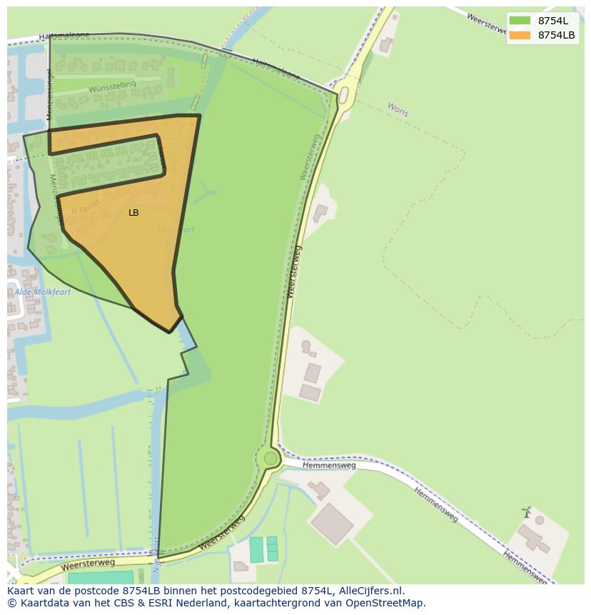 Afbeelding van het postcodegebied 8754 LB op de kaart.