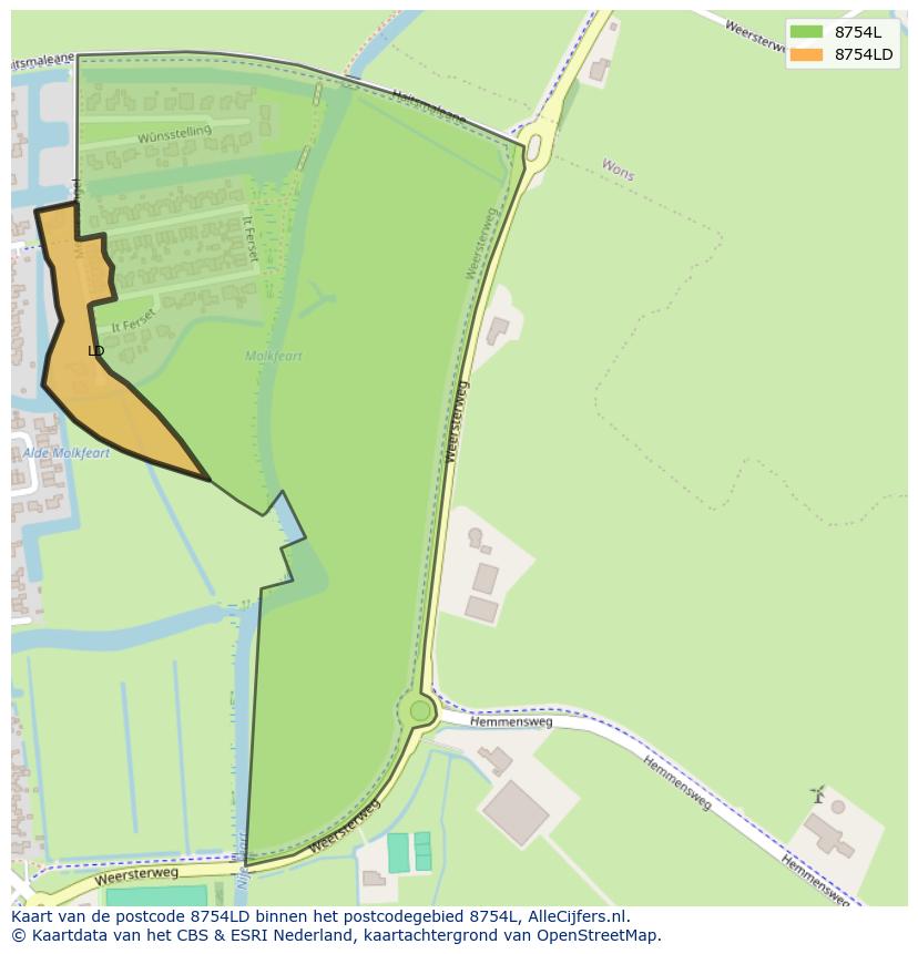 Afbeelding van het postcodegebied 8754 LD op de kaart.