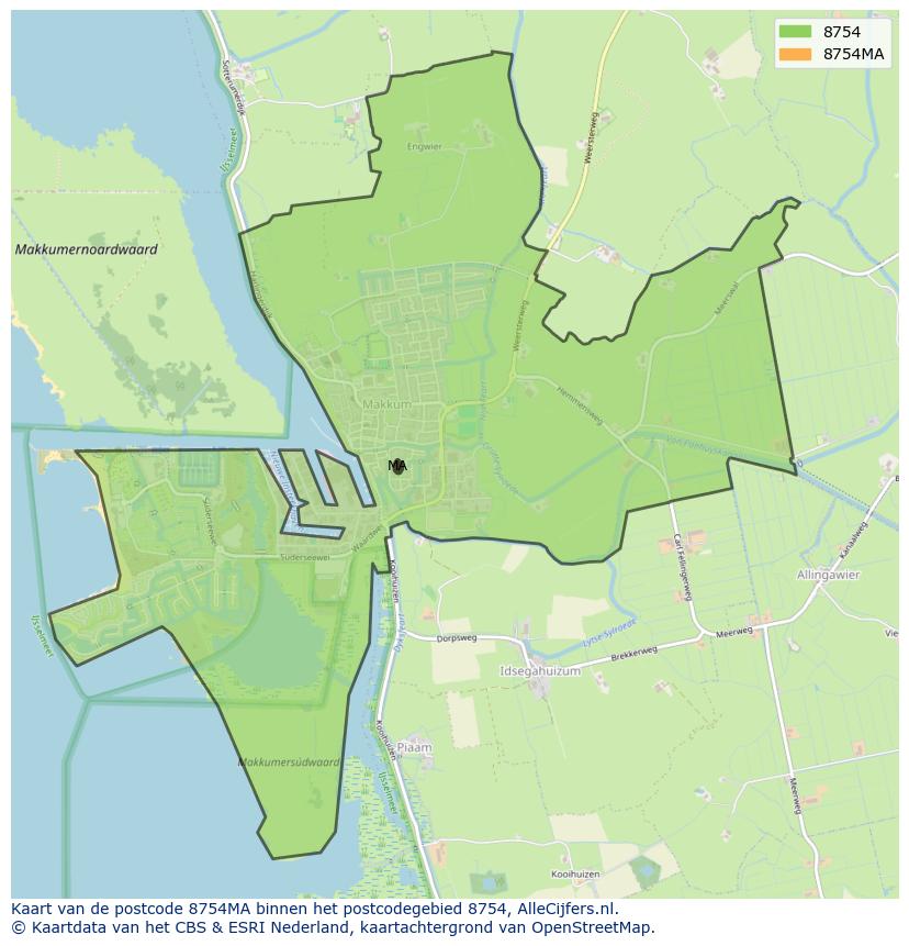 Afbeelding van het postcodegebied 8754 MA op de kaart.