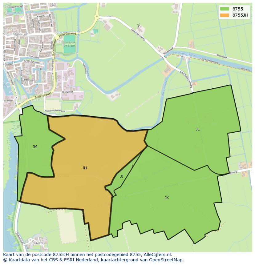 Afbeelding van het postcodegebied 8755 JH op de kaart.