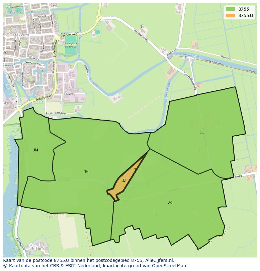 Afbeelding van het postcodegebied 8755 JJ op de kaart.