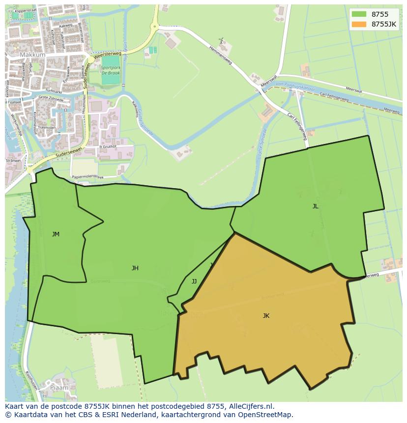 Afbeelding van het postcodegebied 8755 JK op de kaart.