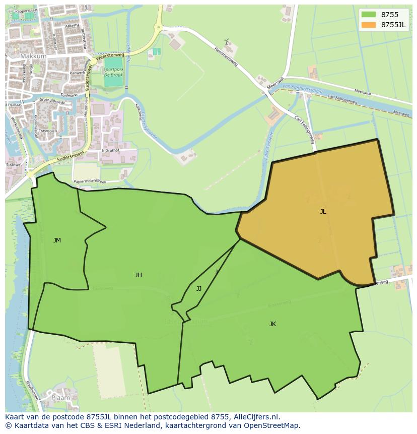 Afbeelding van het postcodegebied 8755 JL op de kaart.