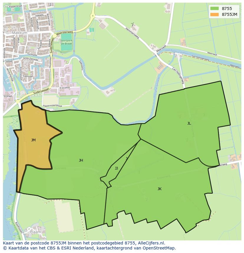 Afbeelding van het postcodegebied 8755 JM op de kaart.
