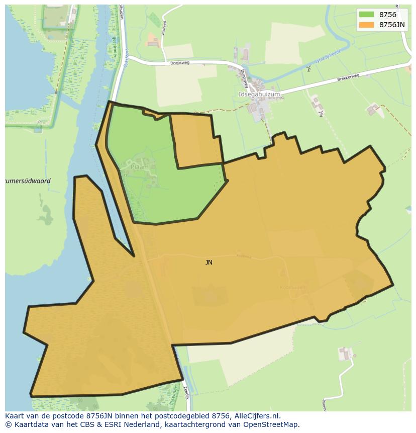 Afbeelding van het postcodegebied 8756 JN op de kaart.