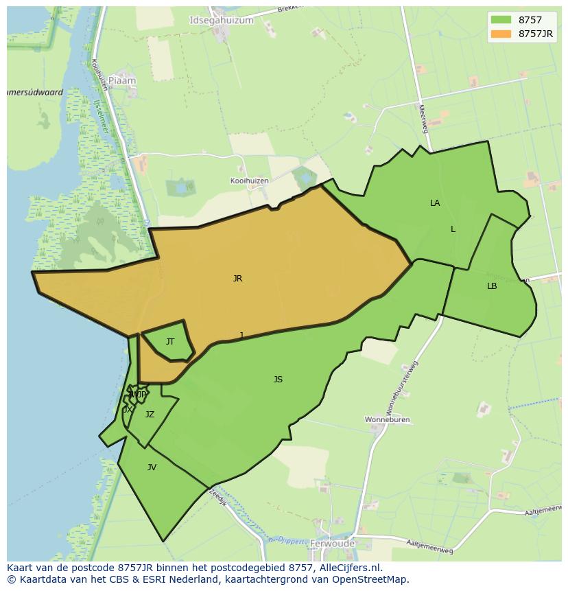 Afbeelding van het postcodegebied 8757 JR op de kaart.