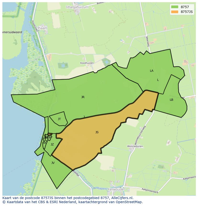 Afbeelding van het postcodegebied 8757 JS op de kaart.