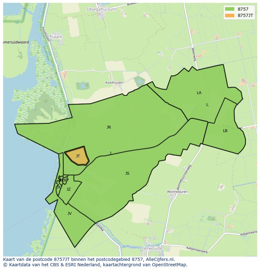 Afbeelding van het postcodegebied 8757 JT op de kaart.