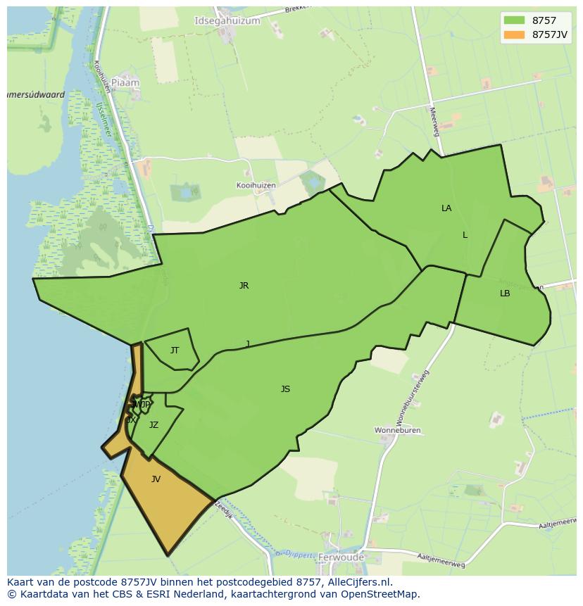 Afbeelding van het postcodegebied 8757 JV op de kaart.