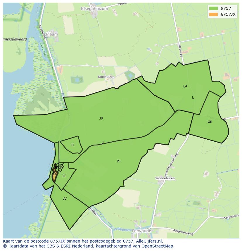 Afbeelding van het postcodegebied 8757 JX op de kaart.