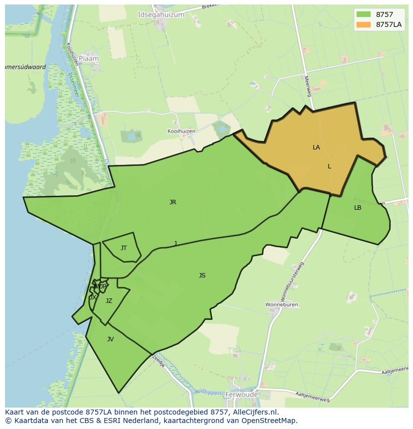 Afbeelding van het postcodegebied 8757 LA op de kaart.