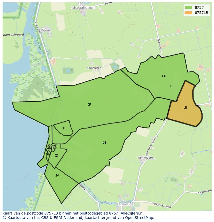Afbeelding van het postcodegebied 8757 LB op de kaart.