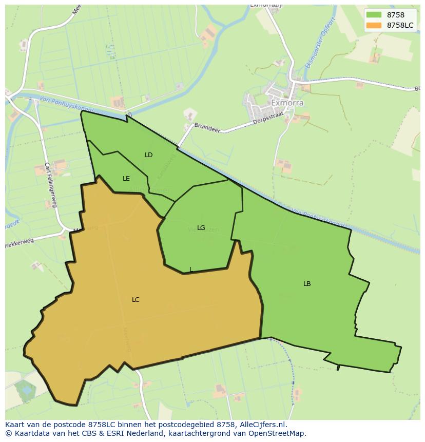 Afbeelding van het postcodegebied 8758 LC op de kaart.