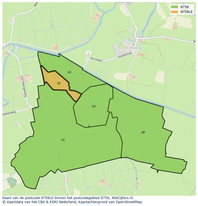 Afbeelding van het postcodegebied 8758 LE op de kaart.