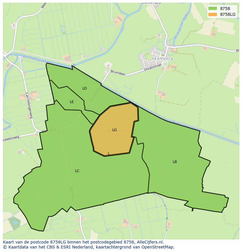 Afbeelding van het postcodegebied 8758 LG op de kaart.