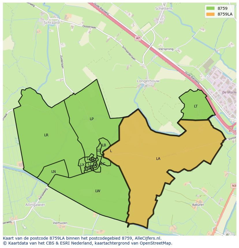 Afbeelding van het postcodegebied 8759 LA op de kaart.