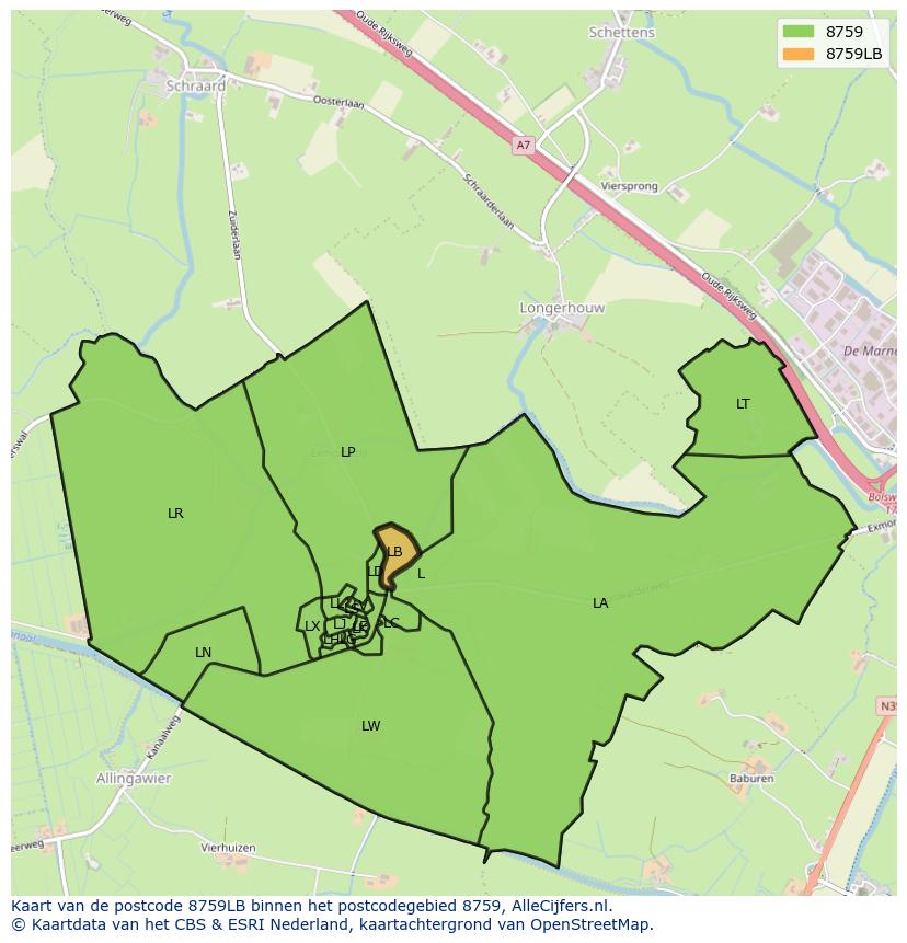 Afbeelding van het postcodegebied 8759 LB op de kaart.