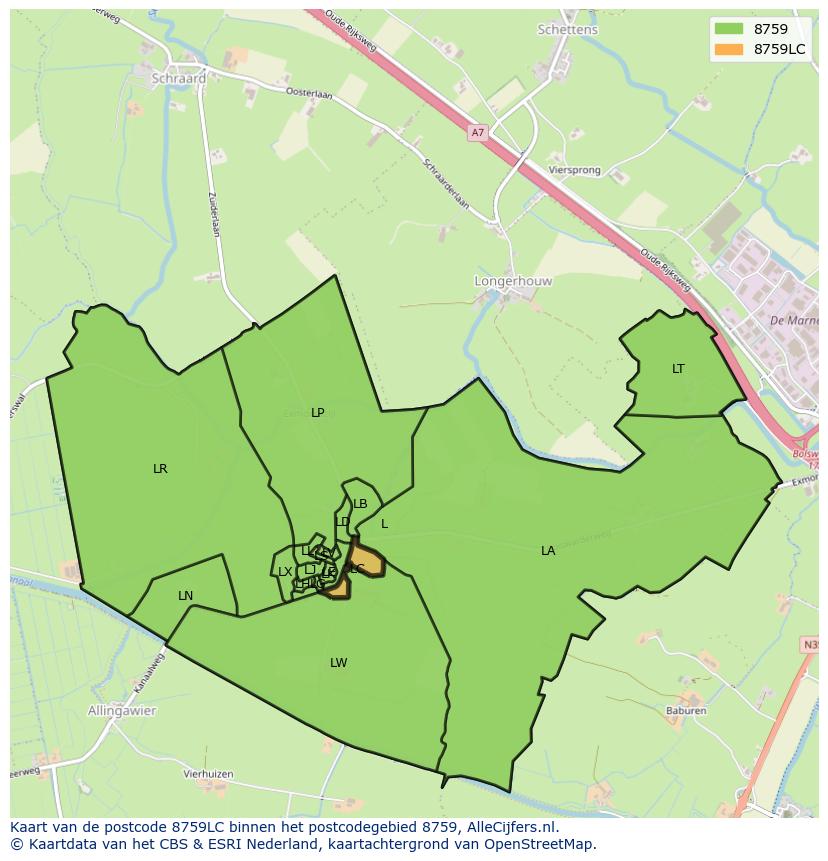 Afbeelding van het postcodegebied 8759 LC op de kaart.
