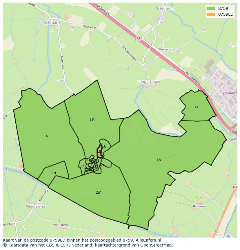 Afbeelding van het postcodegebied 8759 LD op de kaart.