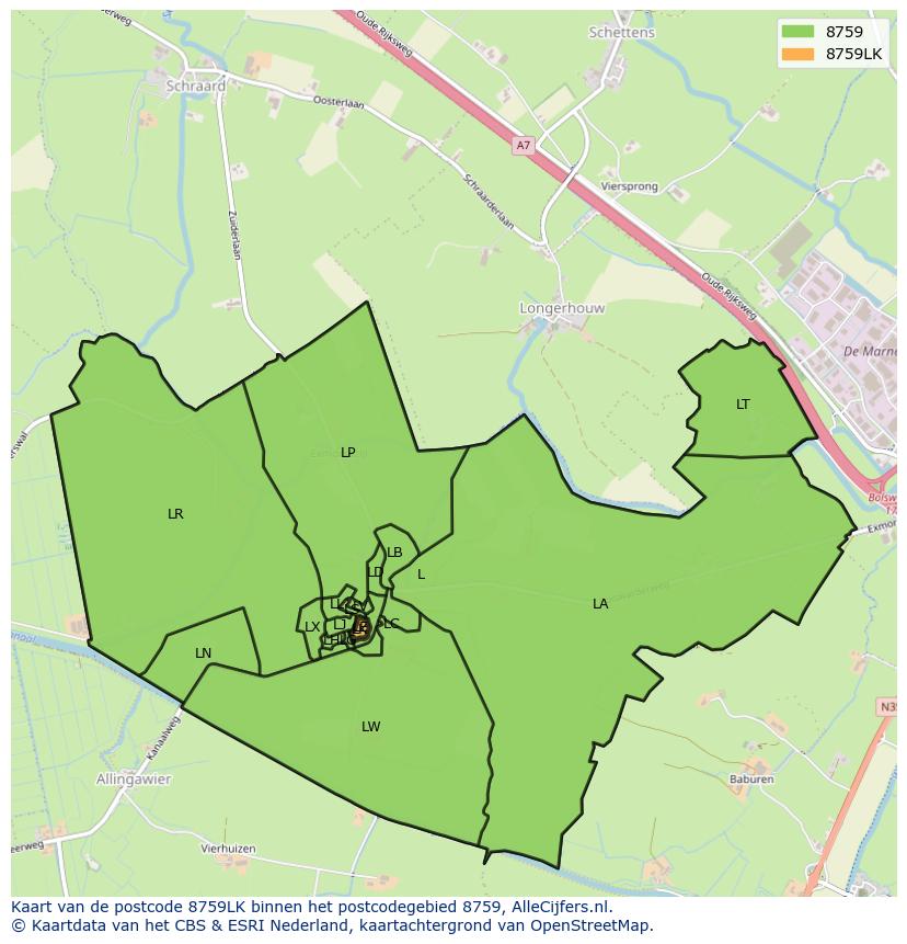 Afbeelding van het postcodegebied 8759 LK op de kaart.