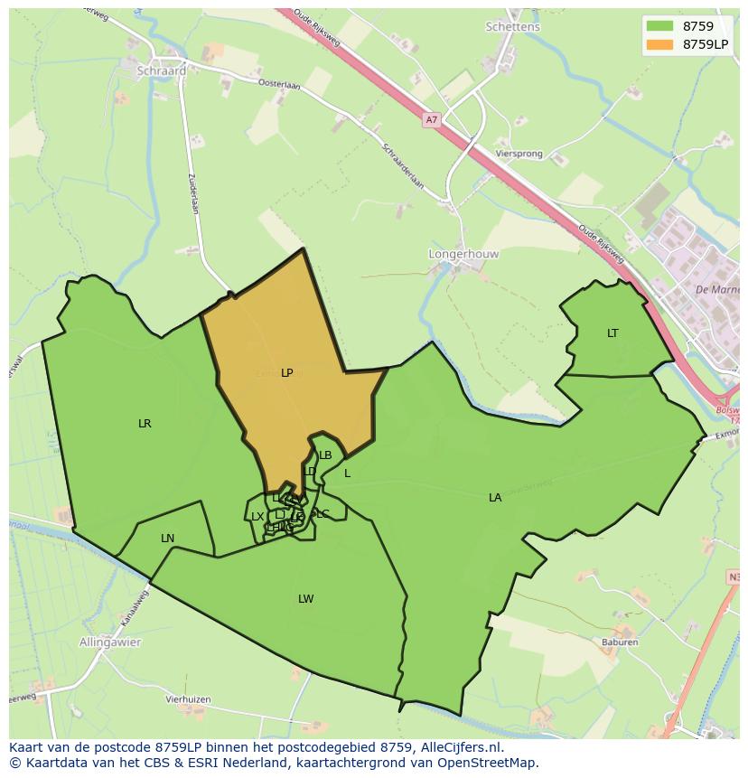 Afbeelding van het postcodegebied 8759 LP op de kaart.