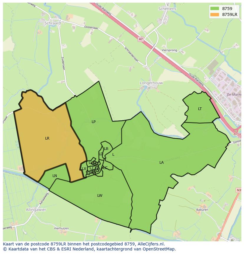 Afbeelding van het postcodegebied 8759 LR op de kaart.
