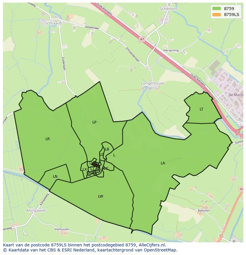 Afbeelding van het postcodegebied 8759 LS op de kaart.
