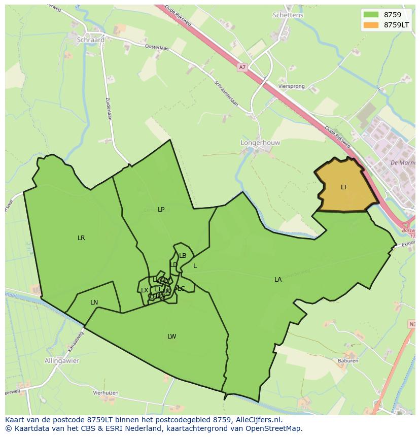 Afbeelding van het postcodegebied 8759 LT op de kaart.