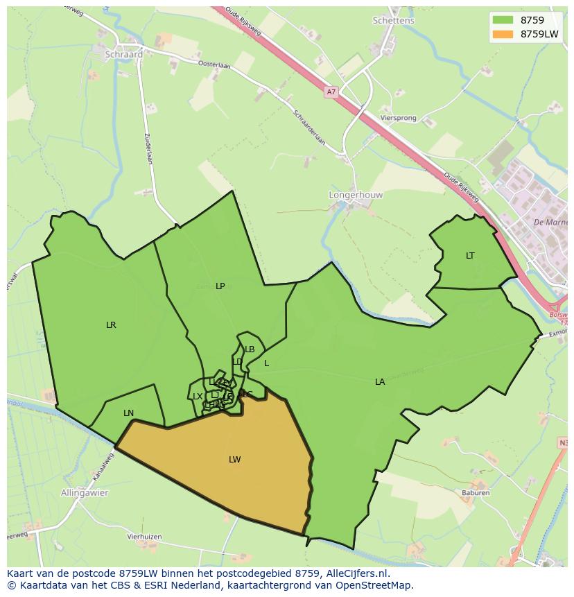 Afbeelding van het postcodegebied 8759 LW op de kaart.