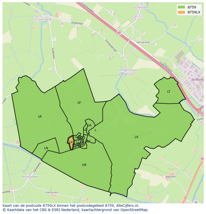 Afbeelding van het postcodegebied 8759 LX op de kaart.