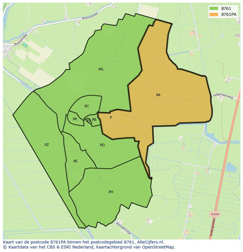 Afbeelding van het postcodegebied 8761 PA op de kaart.