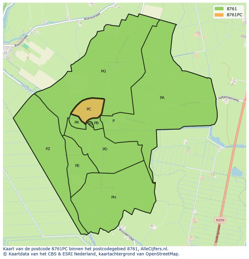 Afbeelding van het postcodegebied 8761 PC op de kaart.