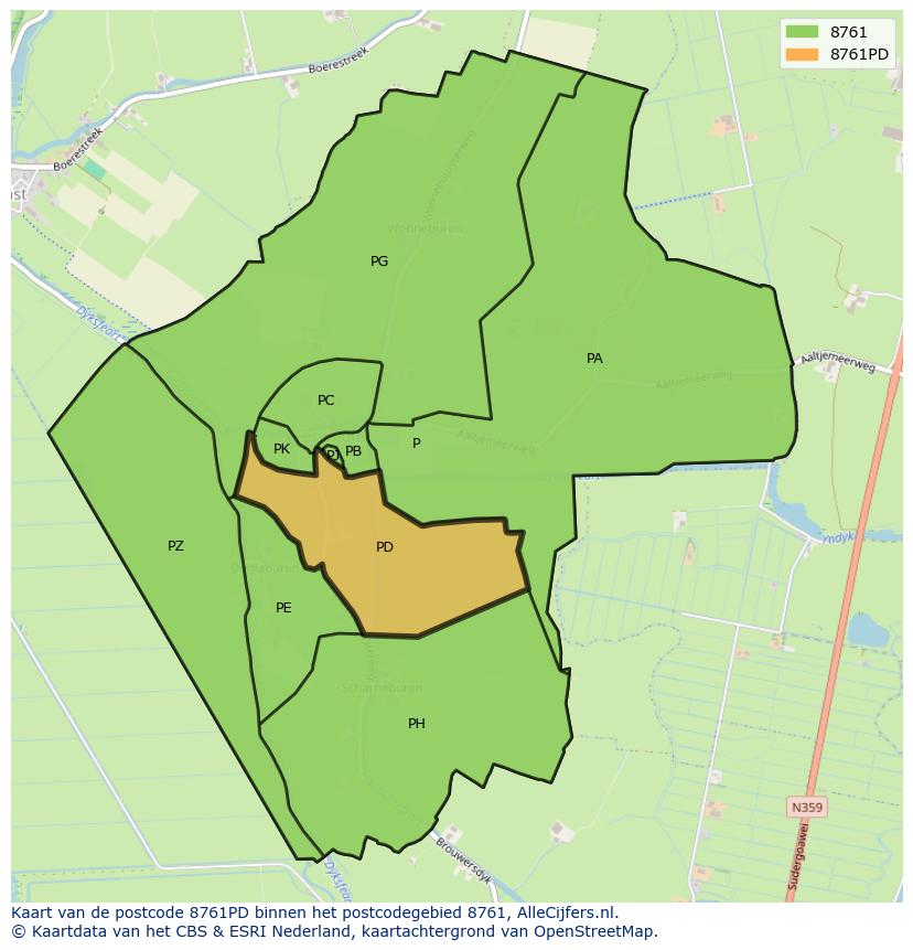 Afbeelding van het postcodegebied 8761 PD op de kaart.