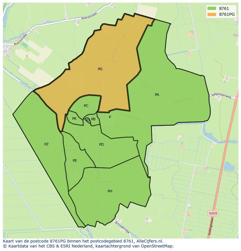 Afbeelding van het postcodegebied 8761 PG op de kaart.
