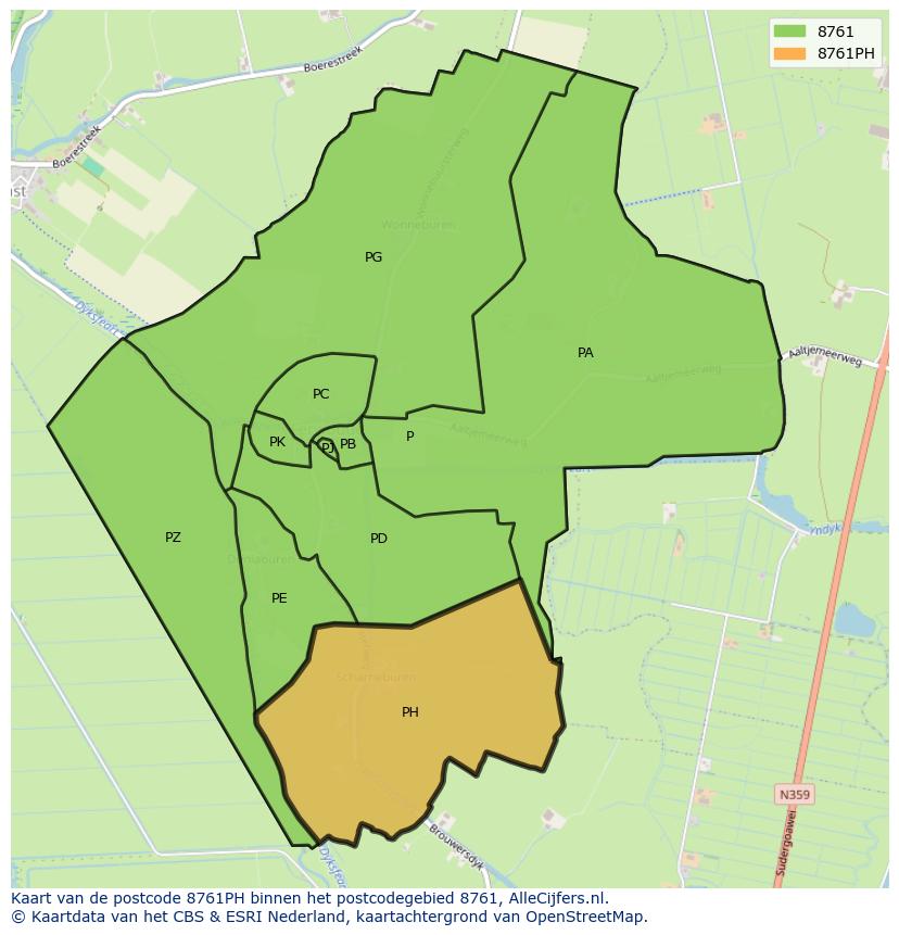 Afbeelding van het postcodegebied 8761 PH op de kaart.