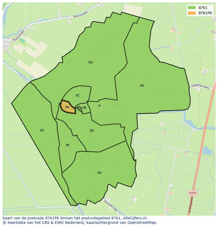 Afbeelding van het postcodegebied 8761 PK op de kaart.