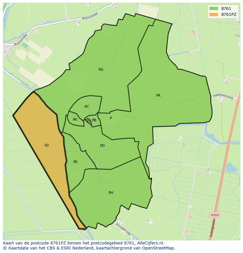 Afbeelding van het postcodegebied 8761 PZ op de kaart.