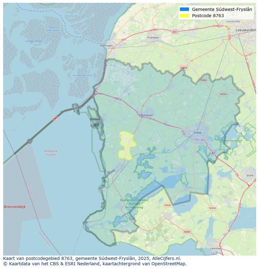 Afbeelding van het postcodegebied 8763 op de kaart.