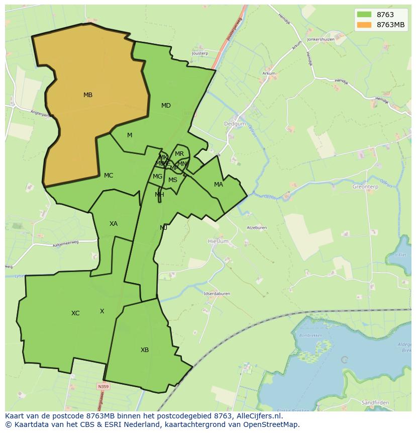 Afbeelding van het postcodegebied 8763 MB op de kaart.