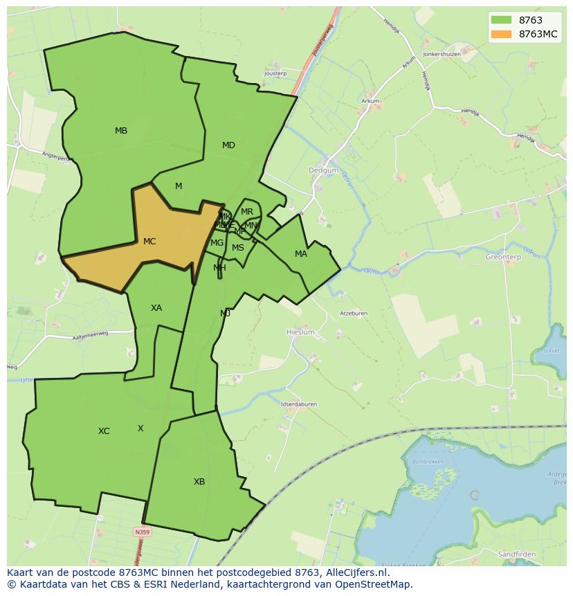 Afbeelding van het postcodegebied 8763 MC op de kaart.
