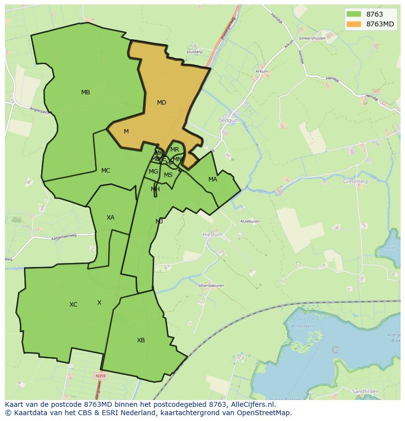 Afbeelding van het postcodegebied 8763 MD op de kaart.